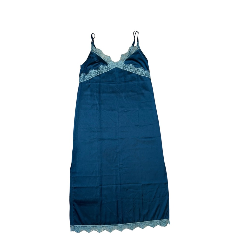 Simone Perele Slip Dress Womens Teal Blue Lace Trim Satin Lingerie
